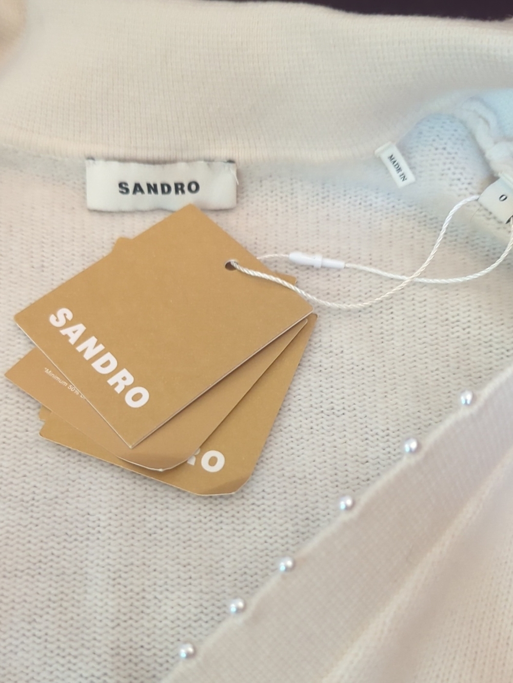 NWT Sandro Pearl Beaded V-Neck 100% Wool Sweater Size 0 | Cream - Picture 4 of 5